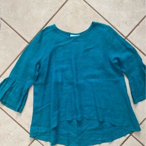 Bryn Walker green blue linen blouse top. Small/med ruffle sleeves hi low 2/4